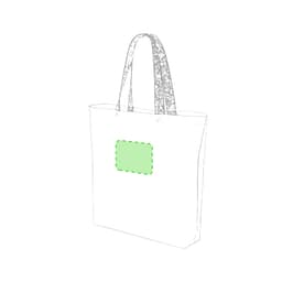 A tote bag in a simple design with two handles and a green accent area. It has a logo.