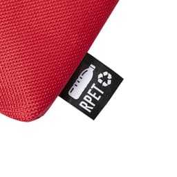 A red toiletry bag featuring a textured surface and a small tag indicating it's made from RPET material.
