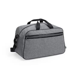 A grey duffel bag with a large zippered compartment and adjustable shoulder strap, featuring a logo.