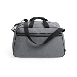 A grey duffle bag with black straps and a zippered pocket on the front, featuring a logo.