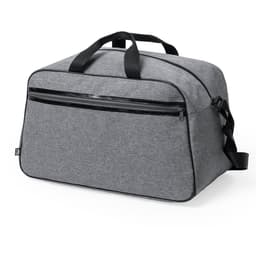 A grey bag featuring two handles, a detachable shoulder strap, and a front zippered pocket. It has a logo.