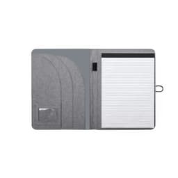 A grey Sorgax Folder featuring a notepad, pockets, and a closure. It has a sleek design suitable for business use.