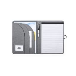A grey Sorgax folder featuring multiple pockets, a notepad, and a pen inside.