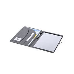 A grey Sorgax Folder featuring compartments for documents, a pen, and a lined notepad. It includes a branding logo.