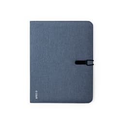 A blue portfolio folder with a textured finish and a secure clasp, featuring a logo in the bottom corner.