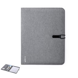 A grey Sorgax Folder with a clasp closure, featuring an interior with pockets and a notepad. Includes a logo.