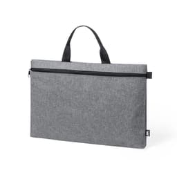 A grey document bag with black handles and a zippered closure, featuring a small logo on the side.