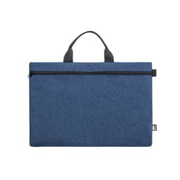 A blue bag with a zippered closure and two handles, featuring a branding label.