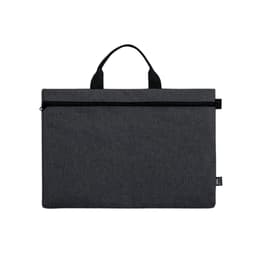 A dark grey bag with a zippered closure and two handles, featuring a logo on the side.