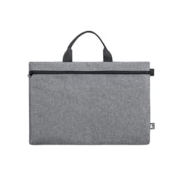 A grey fabric bag with a zip closure and short handles, featuring a small logo on the side.