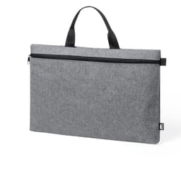 A grey bag with a zip closure and two black handles, featuring a logo. It has a flat, rectangular design.