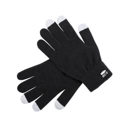 Black touchscreen gloves with grey tips featured laid flat. The gloves have a logo on one side.