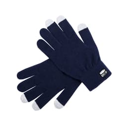 Touchscreen gloves in navy blue with grey tips. Features a logo, ideal for accessory use in colder weather.