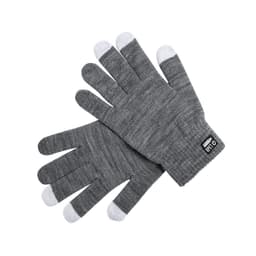 A pair of grey touchscreen gloves with white tips and a small logo on one glove.