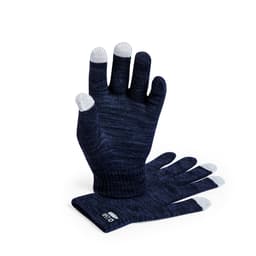 A pair of navy gloves with light grey fingertips and a logo on them.