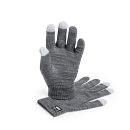 A pair of grey gloves with a textured finish and light grey tips on the fingers, featuring a logo.