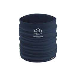 A navy Suanix neck warmer featuring a logo and a textured, stretchy design for comfort.