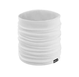 A white neck warmer with a textured design and a small logo tag at the base.