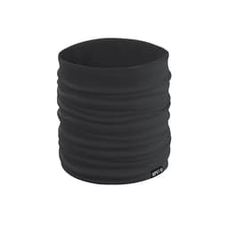 A black neck warmer with a stretchy design, featuring a small logo at the base. Ideal for cold weather.