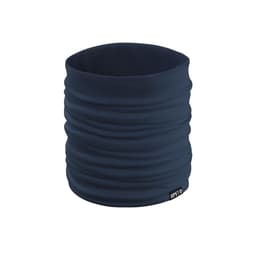 A navy blue neck warmer with a gathered design and a small branding label on the side.
