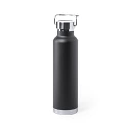 A drink bottle in matte black with a silver base and a metal handle, featuring a logo.