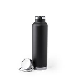A drink bottle with a sleek black finish and a silver base, accompanied by a removable cap.