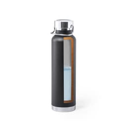 A drink bottle in black with a wooden accent and a clear insert, showcasing its contents. It features a metal lid and a logo.