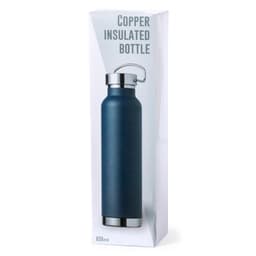 A drink bottle in a dark blue finish with a silver cap, displayed in packaging. Features a logo.