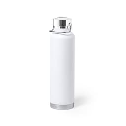 A drink bottle in white with a stainless steel base and a stylish silver lid, featuring a logo.