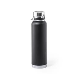 A drink bottle in matte black with a stainless steel base and a metal lid featuring a handle.