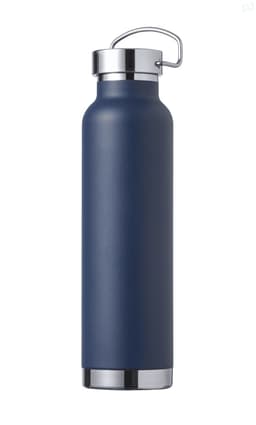 A drink bottle in a matte navy finish with a silver metal cap and handle. It features a sleek, insulated design.