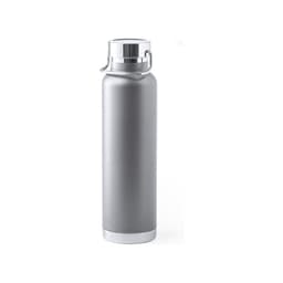 A drink bottle in sleek silver with a metallic finish and a secure lid. It features a logo on the side.