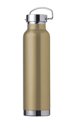 A drink bottle in a gold hue with a stainless steel lid and a handle. Features a logo on the body.