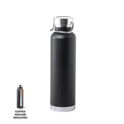 A black insulated drink bottle with a silver base and a fitted lid, featuring a logo.