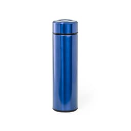 A drink bottle in a shiny blue finish, featuring a sleek, cylindrical design with a lid and a logo.