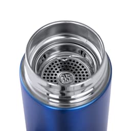 A drink bottle with a shiny stainless steel interior and a blue exterior, featuring a spout and filter.