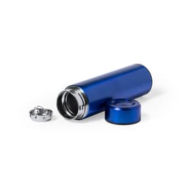 A blue vacuum flask with a silver lid and a removable base, designed for keeping beverages hot or cold.