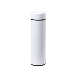 A drink bottle in white with a sleek design and black accents, featuring a logo on its surface.