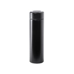 A drink bottle featuring a sleek black design and a screw-on lid, with a simple branding logo.