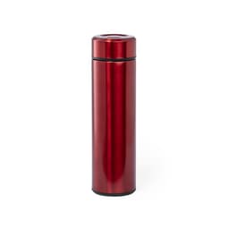 A drink bottle in a sleek, glossy red finish, featuring a silver rim and a logo on its body.