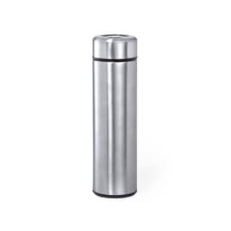 A drink bottle with a sleek, stainless-steel finish and a black base, featuring a logo on the side.