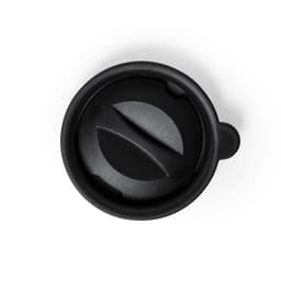 A black insulated cup lid with a curved opening and a small handle, featuring a simple logo design.