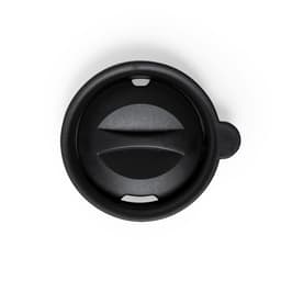 A drink lid in black, designed for use with insulated cups or travel mugs, featuring a sipper opening and handle.