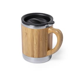 A travel mug with a bamboo exterior, stainless steel base, and a black lid. It features a wooden handle.