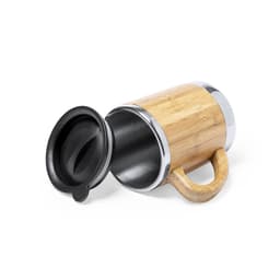 A travel mug with a bamboo exterior, stainless steel interior, and a black lid, featuring a sturdy handle.