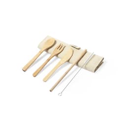 A bamboo cutlery set featuring a spoon, fork, knife, straw, and cleaning brush, presented in a natural fabric roll.
