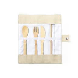 A bamboo cutlery set featuring a spoon, fork, knife, and serrated knife, housed in a beige fabric pouch.