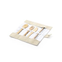 A bamboo cutlery set in beige storage wrap featuring a spoon, fork, knife, and spork with a logo.
