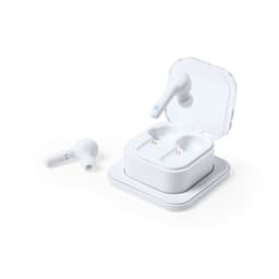White Benyer Charger Earphones placed beside a transparent charging case, showcasing a sleek design.