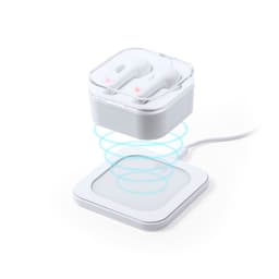 White Benyer Charger Earphones in a transparent case, positioned above a wireless charging pad.